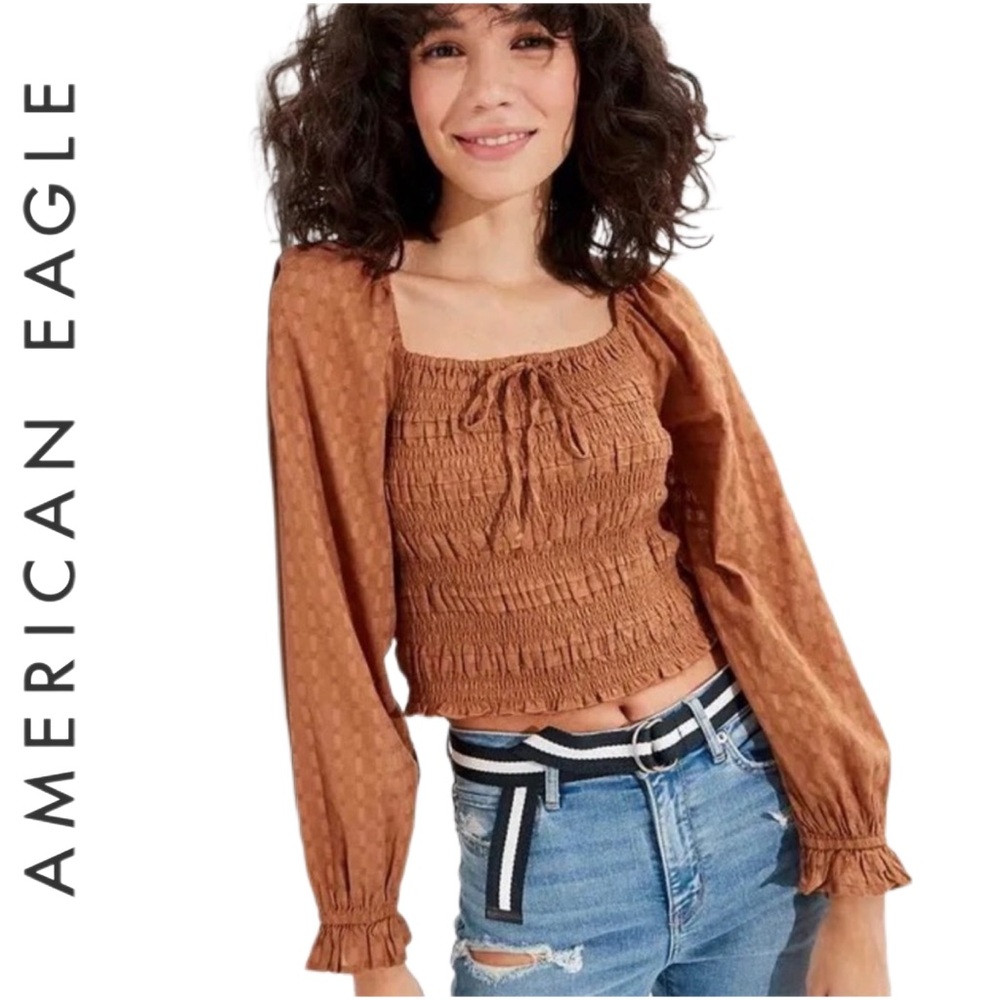 American Eagle Smocked Puff Sleeve Crop Top Brown Medium EUC